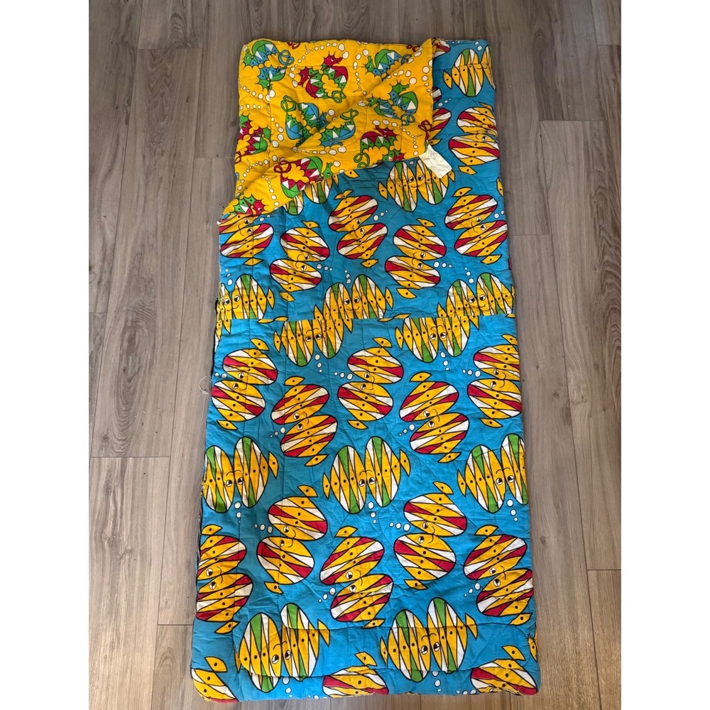 Vintage JC Penney Seahorse Fish Sleeping Bag Yellow Blue Cotton Quilt